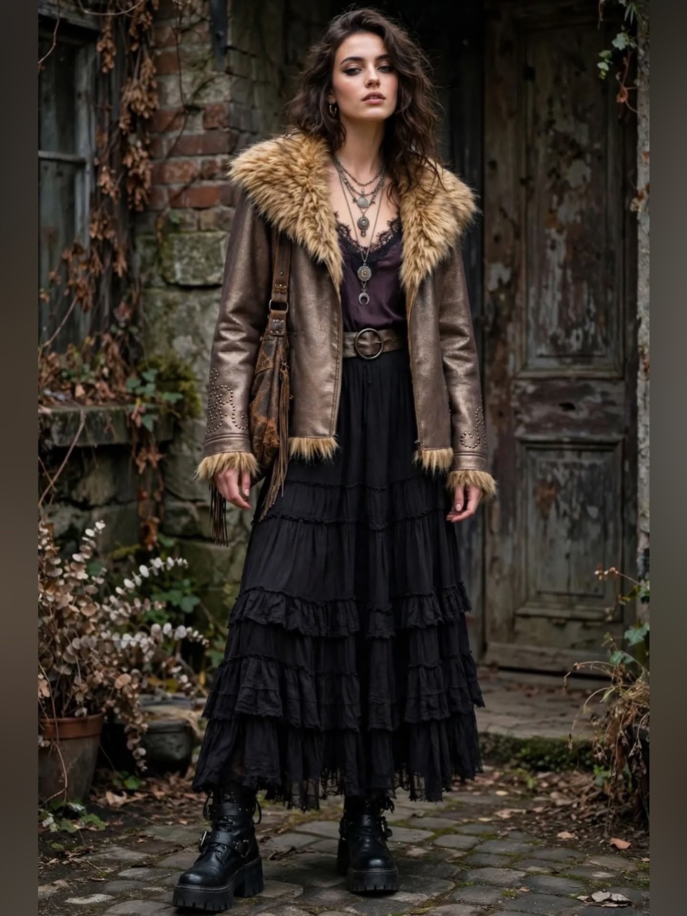 Excelled Y2K Penny Lane Faux Fur Jacket L Brown Gold Belted Boho Chic